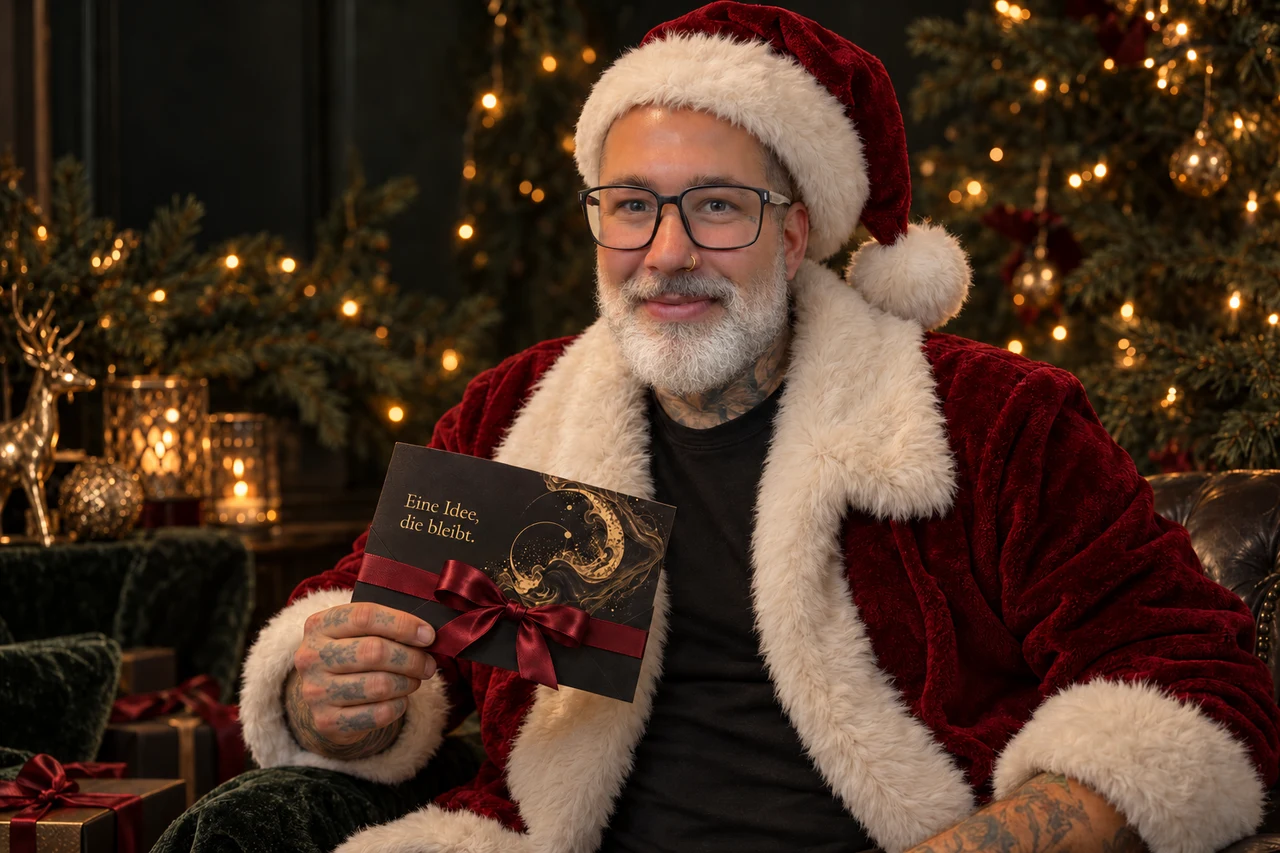 Dominik als Weihnachtsmann mit weißem Bart und Tattoo-Gutschein