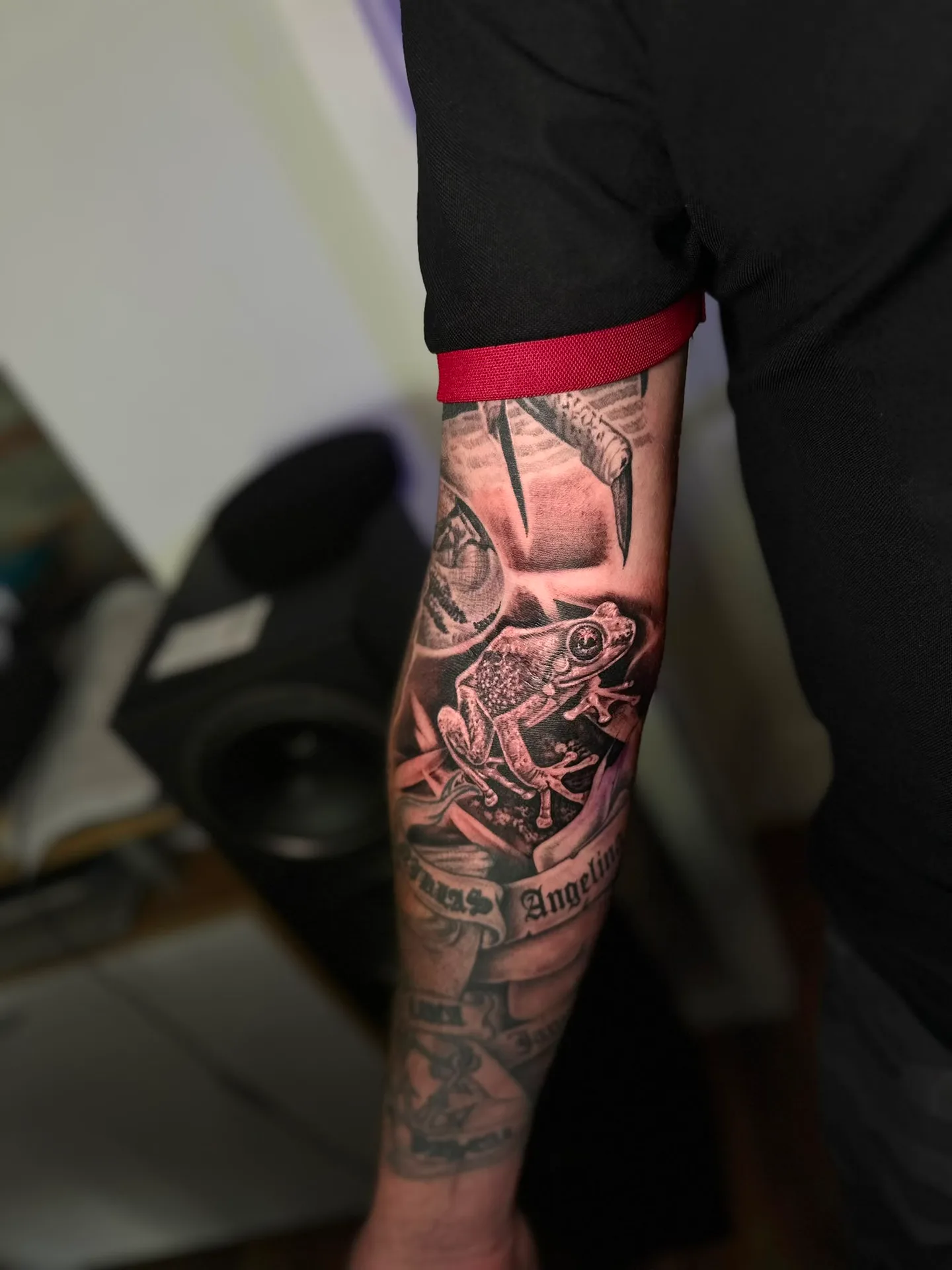 Realistisches Frosch-Tattoo als Teil eines Unterarm-Sleeves